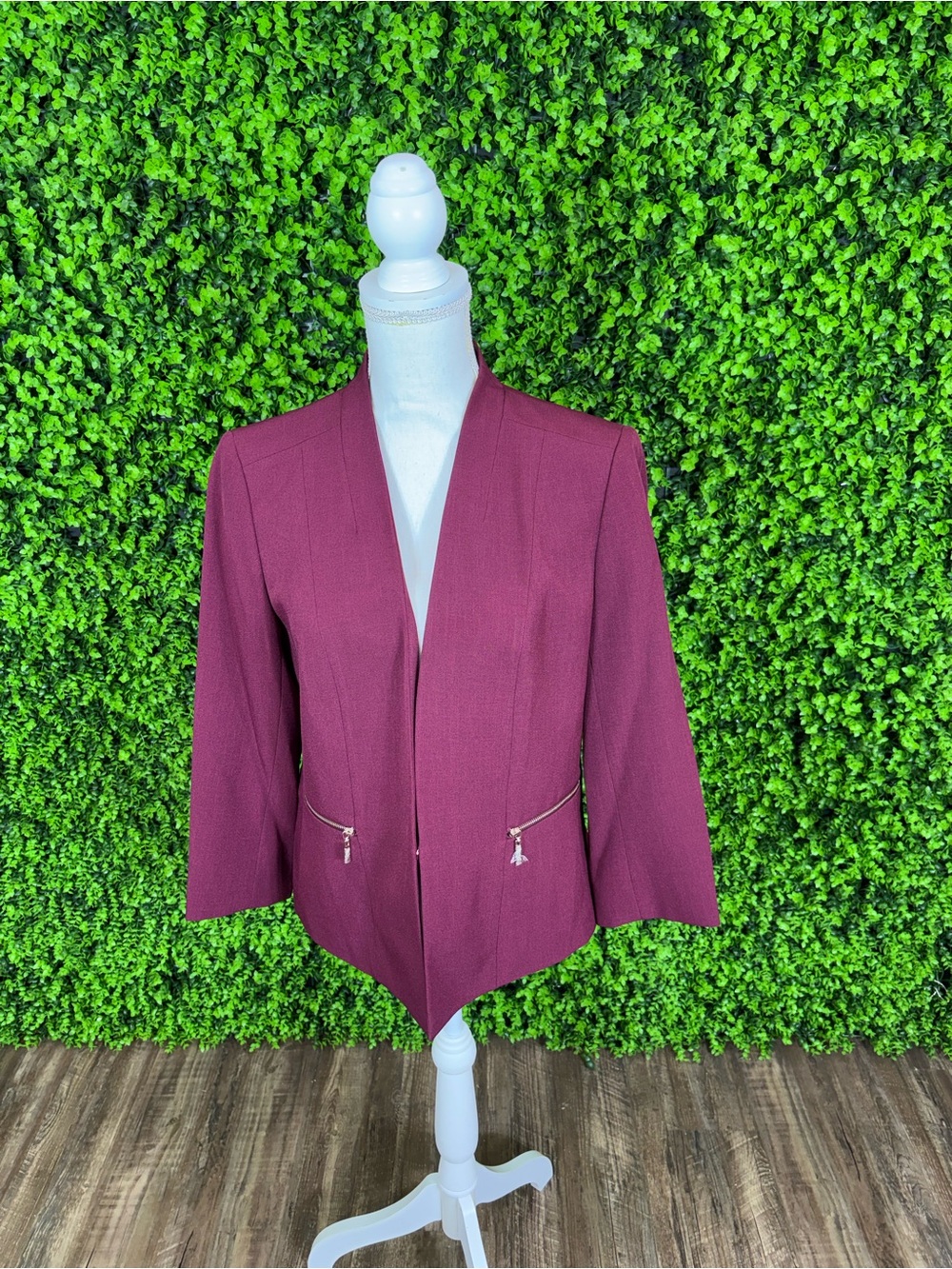 NWT • Kasper • Maroon Open-Front Blazer with Zip Pockets
